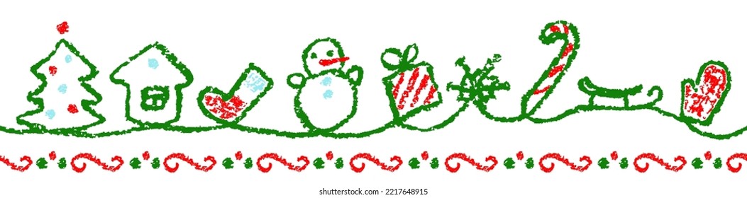 Seamless Christmas pattern or border like child hand drawing cartoon. Snowman, tree, deer, gift box, hut. Crayon, pastel chalk, pencil kid painting flat funny doodle simple vector stroke