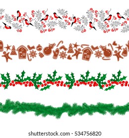 Seamless Christmas pattern border set isolated on white background. Xmas decoration garland collection for your holiday design. Vector illustration