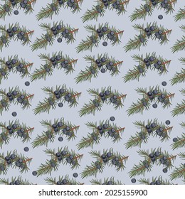 Seamless Christmas pattern. Botanical background with winter plant. Juniper. Isolated on a light shade of cyan-blue background.