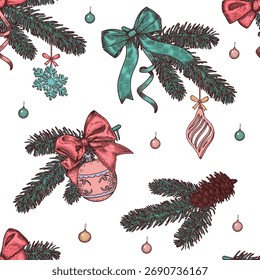 Seamless Christmas pattern with a bows, fir branches, christmas decorations, ribbons. Hand drawn vector illustration.