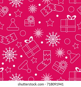 Seamless Christmas pattern: boxes, snowflakes, circles, dots, stocking, hat of Santa Claus. White linear pattern on a crimson background