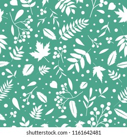 Seamless Christmas pattern with branches, berries and leaves. Vector simple winter minimalist seamless pattern. Design for invitations, textile, wallpapers and wrapping paper.