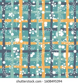 Seamless Christmas pattern with branches with berries and spruce branches. Vector illustration.Winter Collection