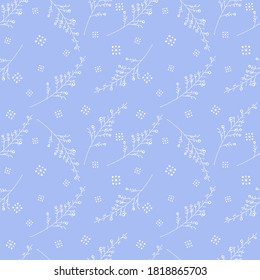 Seamless Christmas pattern with  branches, berries and snowflakes. Stock vector illustration on a blue  background with white outline. Winter concept. 