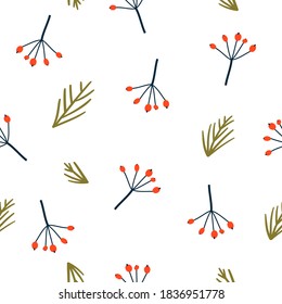 Seamless Christmas pattern with branches and berries. Vector illustration