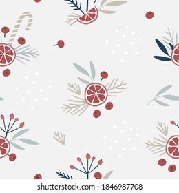 Seamless Christmas pattern with branches and berries. Vector illustration