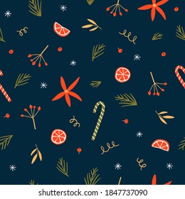 Seamless Christmas pattern with branches and berries