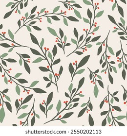 Seamless christmas pattern with branches, green leaves and berries