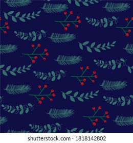 Seamless Christmas pattern, branches, leaves, red flowers, dark blue background, perfect for decor, wrapping paper or drawing on fabric