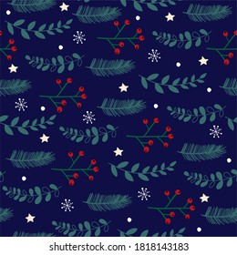 Seamless Christmas pattern, branches, leaves, red flowers, stars and snowflakes, dark blue background, Christmas background, perfect for decor, wrapping paper or drawing on fabric