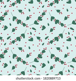 Seamless Christmas pattern with  branches, leaves and berries of a mistletoe. Stock vector illustration on a blue background. Winter concept.  New Year decoration for greeting cards, wrapping, prints.