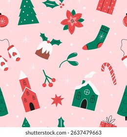 Seamless Christmas Pattern with Buildings, Gifts, Trees, Candy Canes and Holiday Icons.