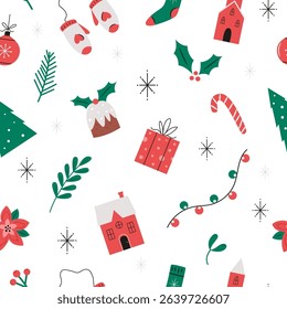 Seamless Christmas Pattern with Buildings, Gifts, Trees, Candy Canes and Holiday Icons.
