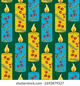 seamless christmas pattern burning decorative candles decorated holly berries spruce branches emerald festive new year background