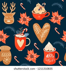 Seamless Christmas pattern with cacao drink, ginger cookie, poinsettia and lollipop. Vector illustration for textile, postcard, wrapping paper, poster, background, book, t-shirt.