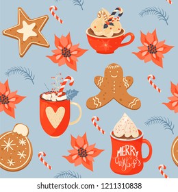 Seamless Christmas pattern with cacao drink, ginger cookie, poinsettia and lollipop. Vector illustration for textile, postcard, wrapping paper, poster, background, book, t-shirt.