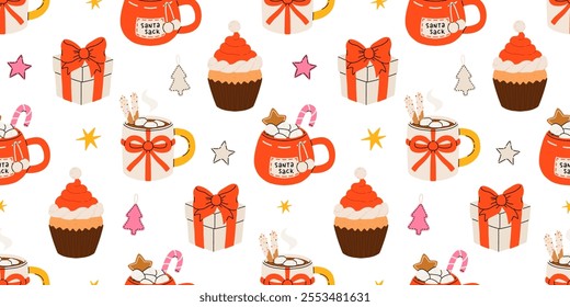 Seamless Christmas pattern with cacao drink, ginger cookie, present and lollipop. Vector illustration for textile, postcard, wrapping paper, poster, background, book, t-shirt.