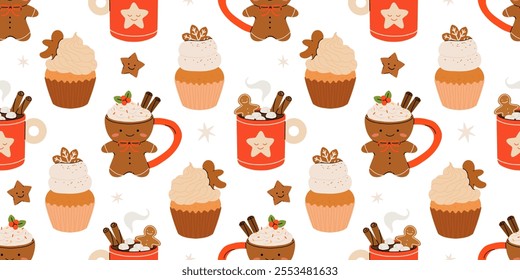 Seamless Christmas pattern with cacao drink, ginger cookie, present and lollipop. Vector illustration for textile, postcard, wrapping paper, poster, background, book, t-shirt.