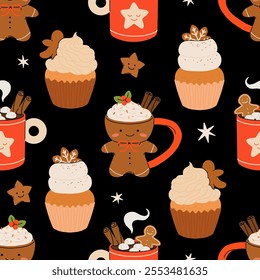 Seamless Christmas pattern with cacao drink, ginger cookie, present and lollipop. Vector illustration for textile, postcard, wrapping paper, poster, background, book, t-shirt.