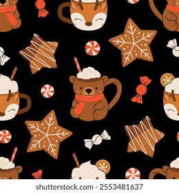 Seamless Christmas pattern with cacao drink, ginger cookie, present and lollipop. Vector illustration for textile, postcard, wrapping paper, poster, background, book, t-shirt.