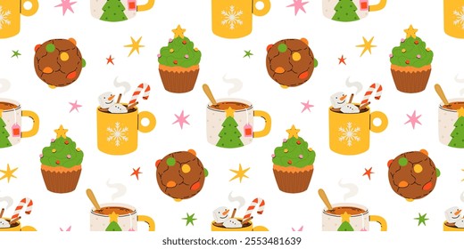 Seamless Christmas pattern with cacao drink, ginger cookie, present and lollipop. Vector illustration for textile, postcard, wrapping paper, poster, background, book, t-shirt.