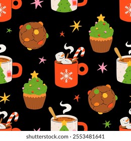 Seamless Christmas pattern with cacao drink, ginger cookie, present and lollipop. Vector illustration for textile, postcard, wrapping paper, poster, background, book, t-shirt.