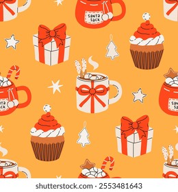 Seamless Christmas pattern with cacao drink, ginger cookie, present and lollipop. Vector illustration for textile, postcard, wrapping paper, poster, background, book, t-shirt.