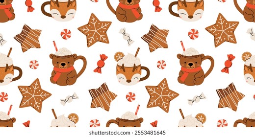 Seamless Christmas pattern with cacao drink, ginger cookie, present and lollipop. Vector illustration for textile, postcard, wrapping paper, poster, background, book, t-shirt.