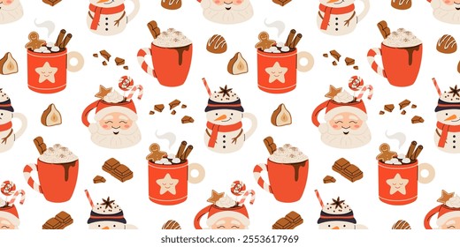 Seamless Christmas pattern with cacao drink, ginger cookie, present and lollipop. Vector illustration for textile, postcard, wrapping paper, poster, background, book, t-shirt.