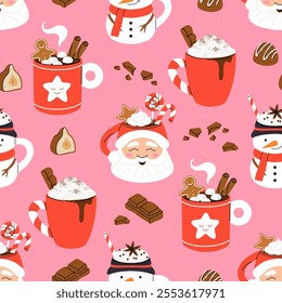 Seamless Christmas pattern with cacao drink, ginger cookie, present and lollipop. Vector illustration for textile, postcard, wrapping paper, poster, background, book, t-shirt.