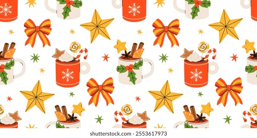 Seamless Christmas pattern with cacao drink, ginger cookie, present and lollipop. Vector illustration for textile, postcard, wrapping paper, poster, background, book, t-shirt.