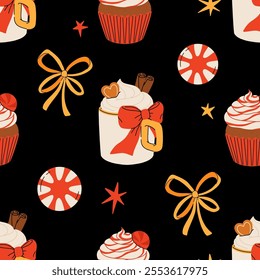 Seamless Christmas pattern with cacao drink, ginger cookie, present and lollipop. Vector illustration for textile, postcard, wrapping paper, poster, background, book, t-shirt.