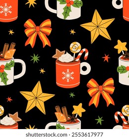 Seamless Christmas pattern with cacao drink, ginger cookie, present and lollipop. Vector illustration for textile, postcard, wrapping paper, poster, background, book, t-shirt.