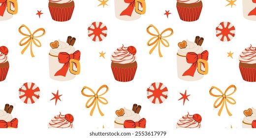 Seamless Christmas pattern with cacao drink, ginger cookie, present and lollipop. Vector illustration for textile, postcard, wrapping paper, poster, background, book, t-shirt.