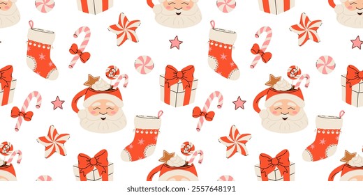 Seamless Christmas pattern with cacao drink, ginger cookie, present and lollipop. Vector illustration for textile, postcard, wrapping paper, poster, background, book, t-shirt.