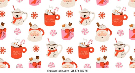 Seamless Christmas pattern with cacao drink, ginger cookie, present and lollipop. Vector illustration for textile, postcard, wrapping paper, poster, background, book, t-shirt.