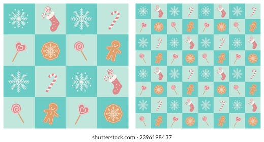 Seamless christmas pattern with candies and gingerbread on mint checkered background