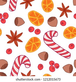Seamless christmas pattern with candies, oranges, nuts, berries and spice
