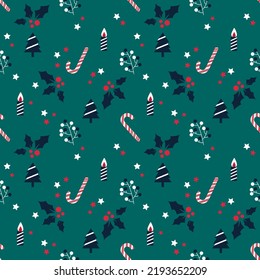 Seamless Christmas pattern. Candles, candy cane, stars, tree, berries. Background, packing material. Swatch is included.