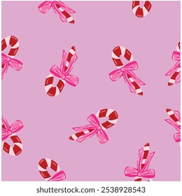 Seamless Christmas Pattern with Candy Cane and Pink Ribbon