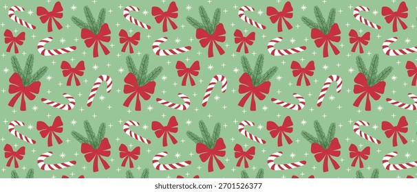 Um padrão de Natal sem costura com uma bengala de doces, um arco vermelho e um galho de abeto. Perfeito para embrulhar presente de férias ou papel decorativo. Vetor.