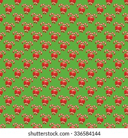 Seamless Christmas Pattern with Candy Cane Stick and Red Bow Isolated on Green Background