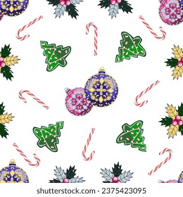 Seamless Christmas pattern with candy canes, hollyhock, gingerbread cookies and Christmas balls, vector illustration 