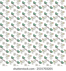 Seamless Christmas pattern with candy canes, snowflakes poinsettia flowers and Christmas tree decorations.