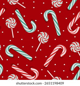 Seamless Christmas pattern with candy canes, lollipops, and snow dots on red background. Perfect for festive wrapping paper, fabric, and holiday projects.