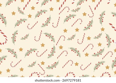 Patrón de Navidades sin fisuras con bastones de caramelo, estrellas doradas, hojas de pino y bayas rojas sobre fondo beige: diseño festivo de Vector navideño