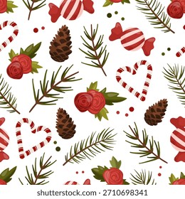 Padrão de Natal sem emenda com bengalas de doces, ramos de pinheiro, rosas e cones