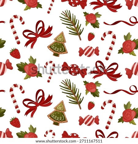 Seamless Christmas Pattern with Candy Canes, Bows and Gingerbread Cookies