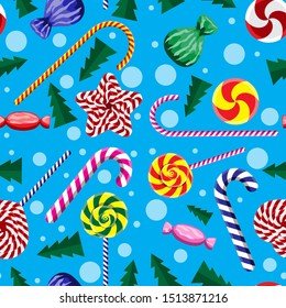 Seamless Christmas pattern. Candy Christmas tree circles on blue background. Vector image. esp 10