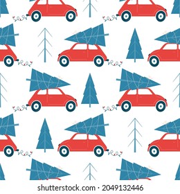 Seamless christmas pattern with christmas car in retro style. Seamless vector background. Isolated on white. Celebration concept. Pattern for wrapping paper, scrapbooking, wallpaper, fabric.